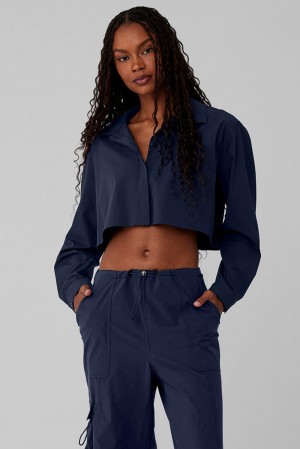 Camisa Recortada Alo Yoga Take Me Out Button Up Mujer Azul Marino | Mexico OIY-749160