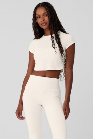 Camisetas Para Correr Alo Yoga Ribbed Sea Coast Cropped Sleeve Mujer Ivory | Mexico JDN-247601