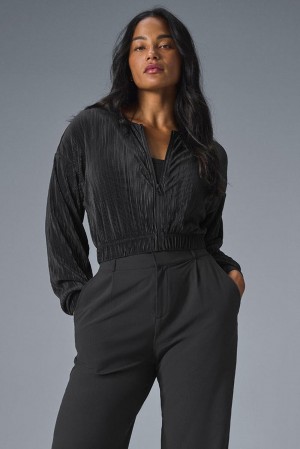 Chamarras Alo Yoga Cropped Micro Plisse Mujer Negros | Mexico GIP-690841