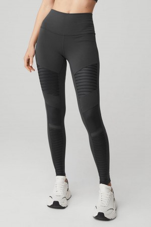 Leggins Alo Yoga High-Waist Motos Mujer Anthracite / Anthracite Glossy | Mexico CAR-604589