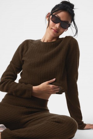 Manga Larga Alo Yoga Cashmere Plush Waffle Cropped Mujer Espresso | Mexico QDW-980671