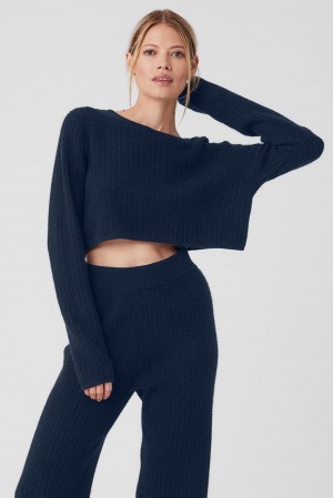 Manga Larga Alo Yoga Cashmere Plush Waffle Cropped Mujer Azul Marino | Mexico CVP-791406