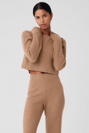 Manga Larga Alo Yoga Cashmere Plush Waffle Cropped Mujer Toasted Almond | Mexico VXT-539216