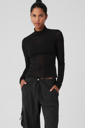 Manga Larga Alo Yoga Mesh Sheer Illusion Mock Neck Mujer Negros | Mexico TAF-428593