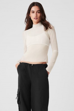 Manga Larga Alo Yoga Mesh Sheer Illusion Mock Neck Mujer Ivory | Mexico KEJ-704283