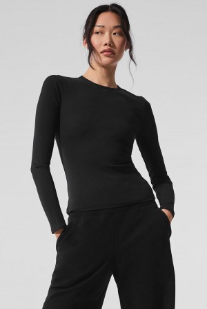 Manga Larga Alo Yoga Ribbed Modal Mujer Negros | Mexico KBJ-921057
