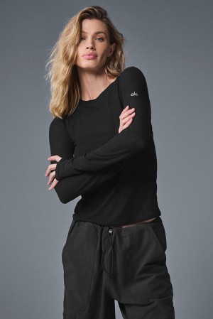 Manga Larga Alo Yoga Ribbed Sea Coast Mujer Negros | Mexico KMI-621370