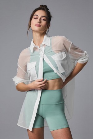 Manga Larga Alo Yoga Sheer Effusion Button Down Mujer Blancos | Mexico JGZ-138759