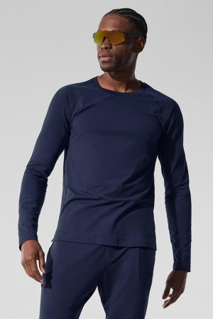 Manga Larga Alo Yoga Vapor Crewneck Hombre Azul Marino | Mexico EVG-746258