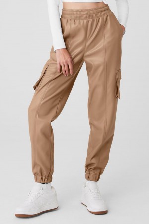 Pantalon Jogger Alo Yoga Faux Leather Power Hour Mujer Toasted Almond | Mexico RSX-568342