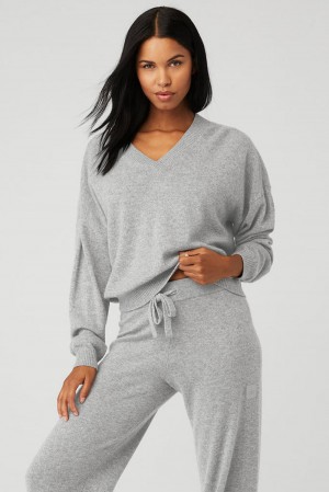 Pullover Alo Yoga Cashmere Jet Set V-Neck Mujer Grises | Mexico RTG-795214