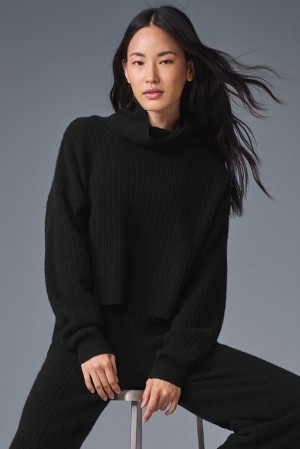 Pullover Alo Yoga Cashmere Plush Waffle Turtleneck Mujer Negros | Mexico FBE-768250