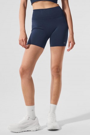 Short Alo Yoga 5" Seamless Ribbed Favorite Mujer Azul Marino | Mexico AYW-513260