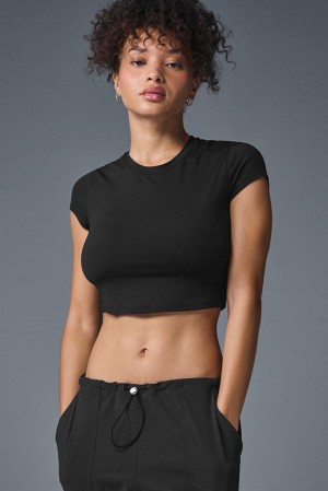 Short Sleeve Alo Yoga Alosoft Crop Finesse Mujer Negros | Mexico TIL-364890