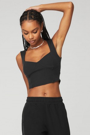 Short Sleeve Alo Yoga Ribbed Sweetheart Mujer Negros | Mexico DZX-478925