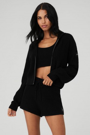 Sudadera con Capucha Alo Yoga Cashmere Plush Waffle Full Zip Mujer Negros | Mexico TSZ-472581