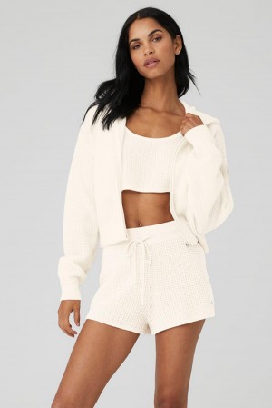 Sudadera con Capucha Alo Yoga Cashmere Plush Waffle Full Zip Mujer Ivory | Mexico ROS-584713