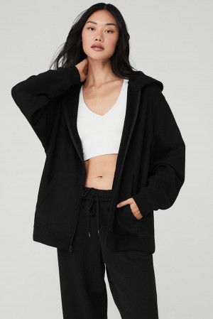 Sudadera con Capucha Alo Yoga Renown Heavy Weight Full Zip Mujer Negros | Mexico LQE-439586
