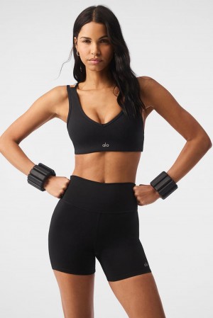Sujetador Deportivo Alo Yoga Airlift Ribbed Jump Start V-Neck Mujer Negros | Mexico LZT-025816