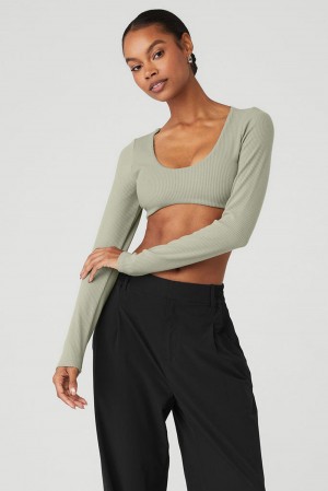 Sujetador Deportivo Alo Yoga Ribbed Defined Long Sleeve Mujer Limestone | Mexico DXQ-345780
