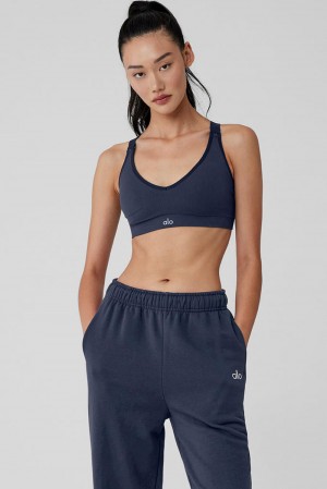 Sujetador Deportivo Alo Yoga Seamless Ribbed Favorite Mujer Azul Marino | Mexico HXV-825390