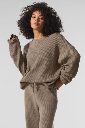 Suéteres Alo Yoga Domain Rib Knit Crew Mujer Gravel | Mexico EGO-219356