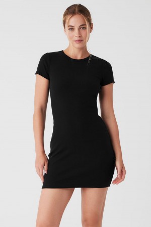 Vestido Alo Yoga Goddess Ribbed Short Sleeve Mujer Negros | Mexico WNA-031475