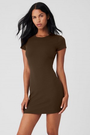 Vestido Alo Yoga Goddess Ribbed Short Sleeve Mujer Espresso | Mexico LIP-206945