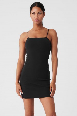 Vestido Alo Yoga Goddess Ribbed Spaghetti Strap Mujer Negros | Mexico NIP-963250