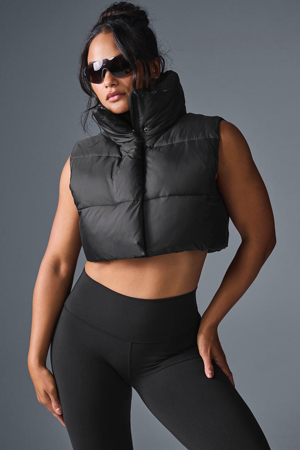 Chaleco Alo Yoga Cropped Gold Rush Puffer Mujer Negros | Mexico  PJW-567091