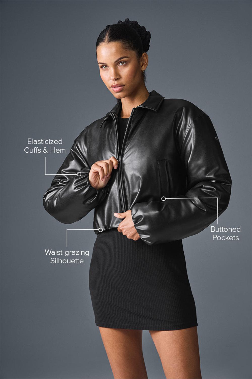 Chamarra Bomber Alo Yoga Faux Leather Cropped Premier Mujer Negros | Mexico  TQB-324789