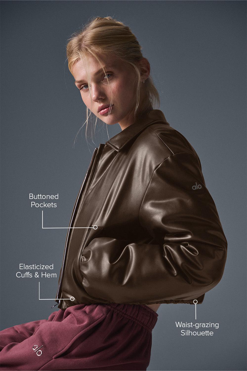 Chamarra Bomber Alo Yoga Faux Leather Cropped Premier Mujer Espresso | Mexico  NJT-756132