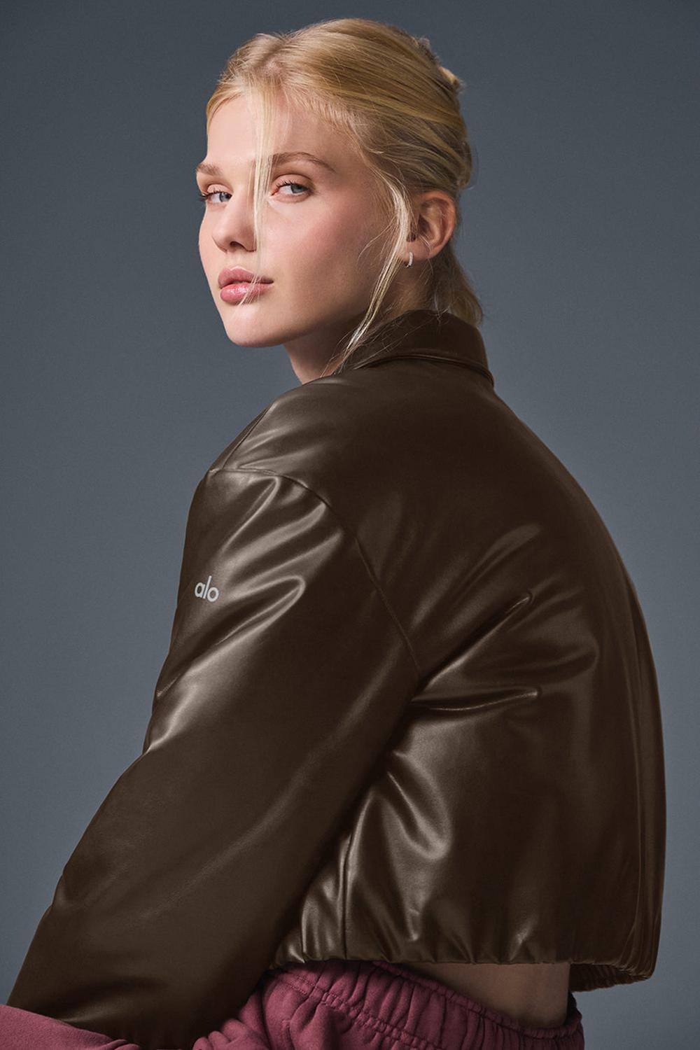 Chamarra Bomber Alo Yoga Faux Leather Cropped Premier Mujer Espresso | Mexico  NJT-756132