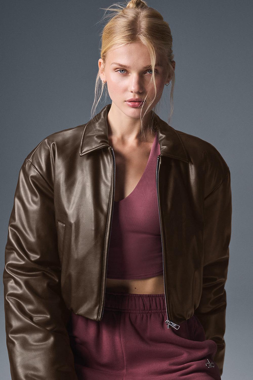 Chamarra Bomber Alo Yoga Faux Leather Cropped Premier Mujer Espresso | Mexico  NJT-756132