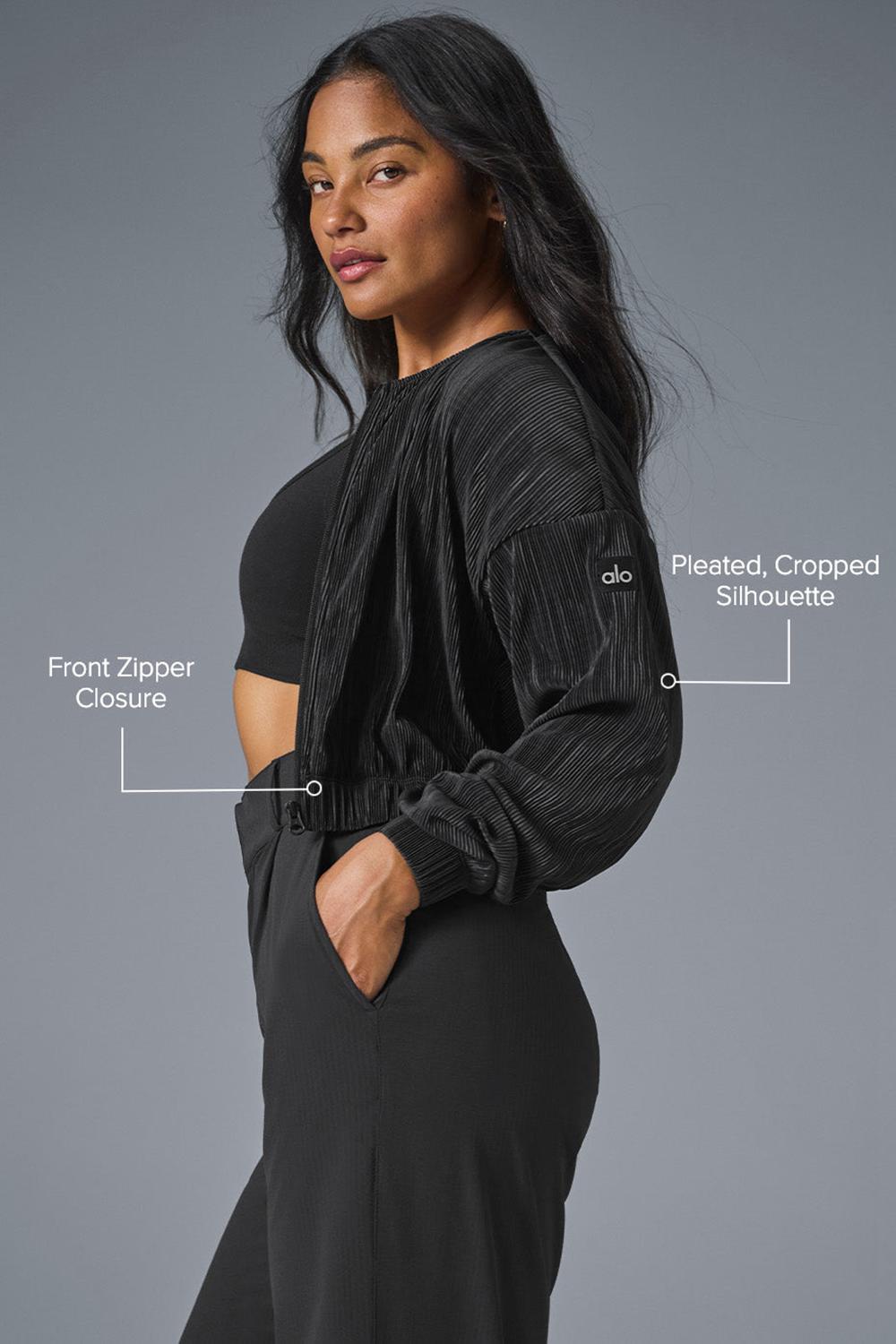 Chamarras Alo Yoga Cropped Micro Plisse Mujer Negros | Mexico  GIP-690841