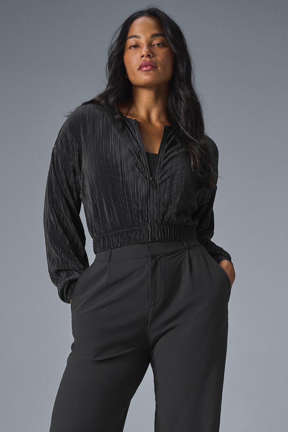 Chamarras Alo Yoga Cropped Micro Plisse Mujer Negros | Mexico  GIP-690841