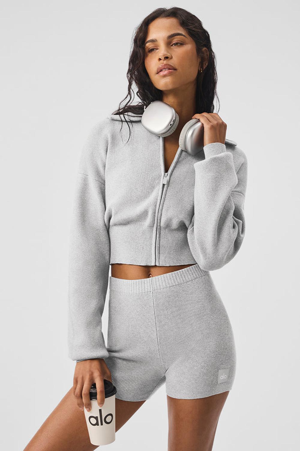Chamarras Alo Yoga Scholar Knit Cropped Full Zip Mujer Grises | Mexico  IXW-584291