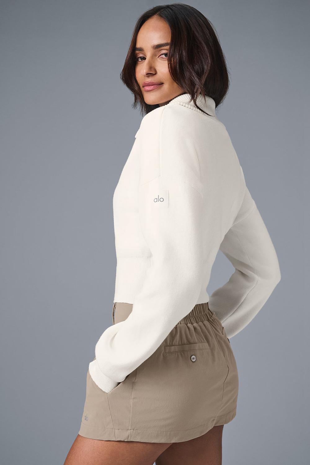 Chamarras Alo Yoga Scholar Knit Cropped Full Zip Mujer Ivory | Mexico  NLQ-642397