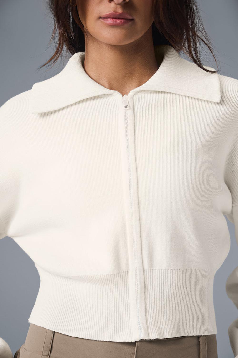 Chamarras Alo Yoga Scholar Knit Cropped Full Zip Mujer Ivory | Mexico  NLQ-642397