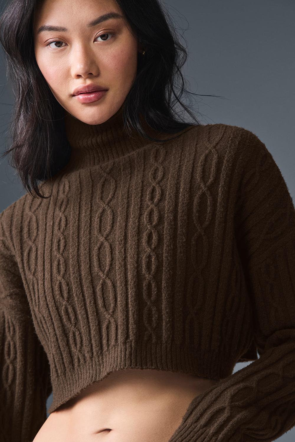 Manga Larga Alo Yoga Cable Knit Cropped Winter Bliss Turtleneck Mujer Espresso | Mexico  DSV-359012