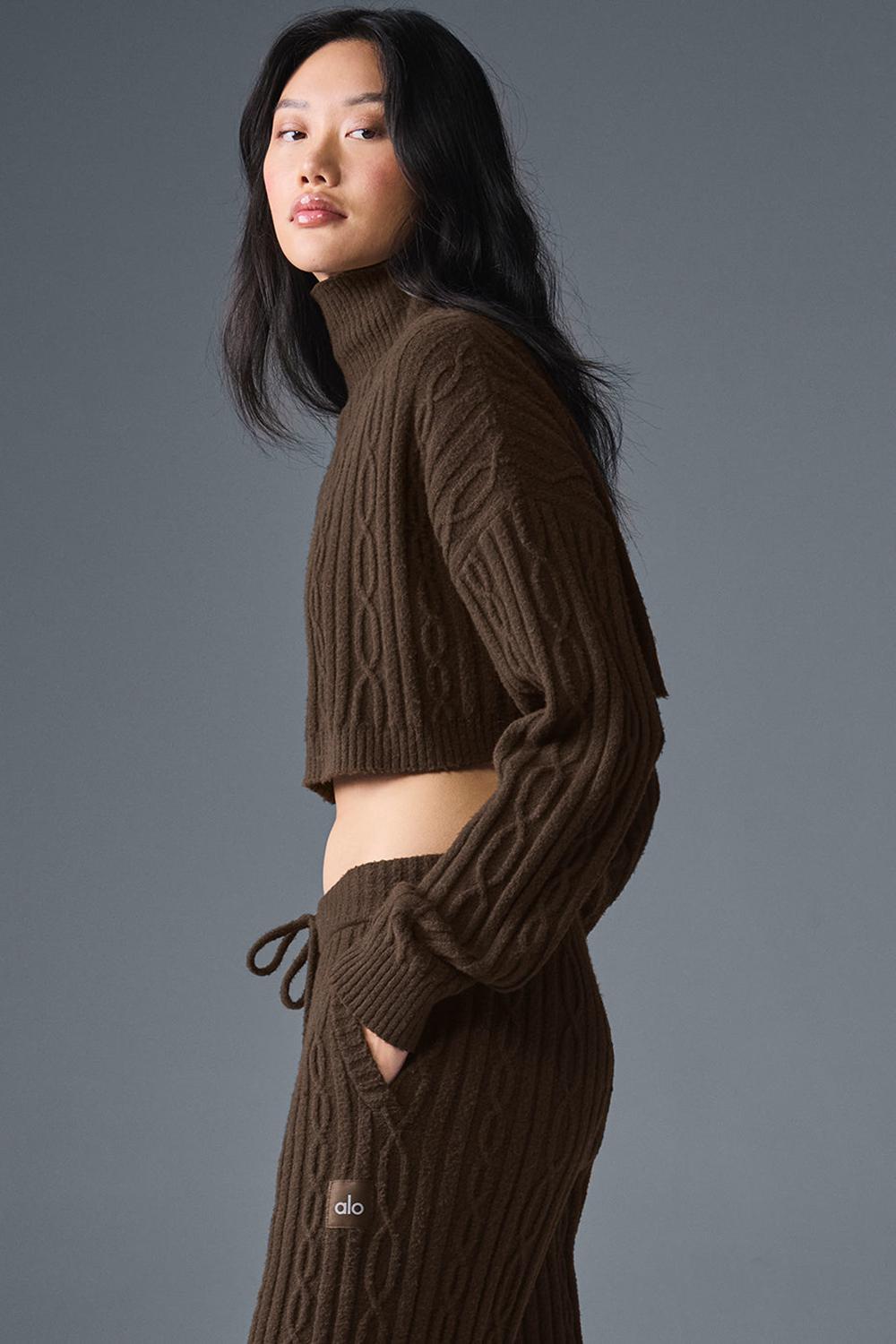 Manga Larga Alo Yoga Cable Knit Cropped Winter Bliss Turtleneck Mujer Espresso | Mexico  DSV-359012