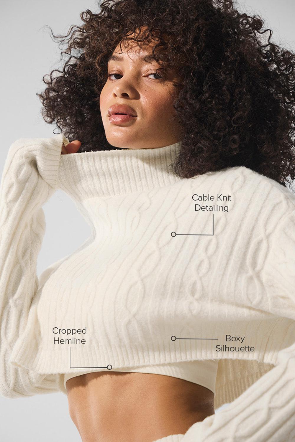 Manga Larga Alo Yoga Cable Knit Cropped Winter Bliss Turtleneck Mujer Ivory | Mexico  UVS-734260
