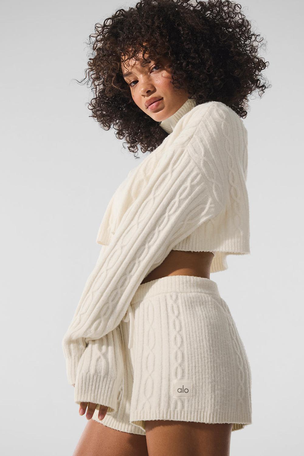 Manga Larga Alo Yoga Cable Knit Cropped Winter Bliss Turtleneck Mujer Ivory | Mexico  UVS-734260