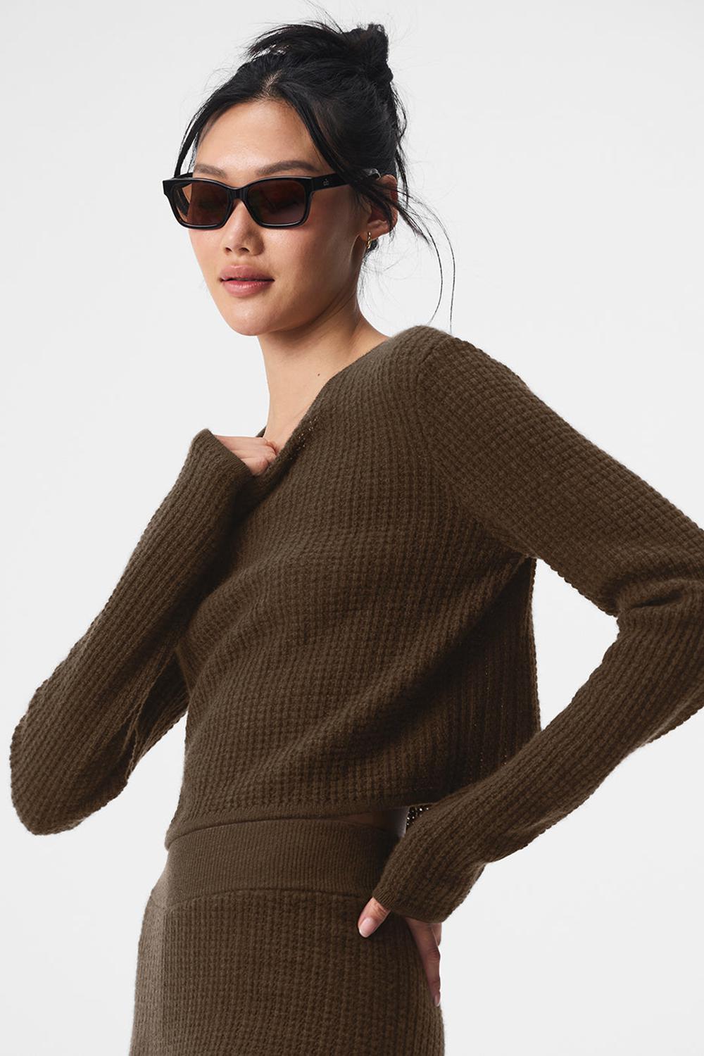 Manga Larga Alo Yoga Cashmere Plush Waffle Cropped Mujer Espresso | Mexico  QDW-980671