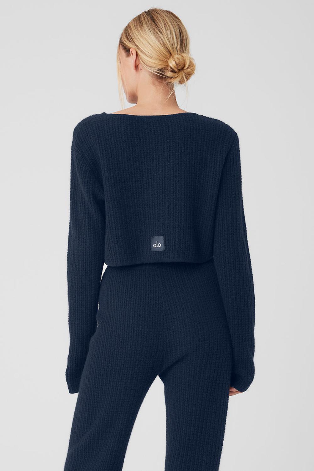 Manga Larga Alo Yoga Cashmere Plush Waffle Cropped Mujer Azul Marino | Mexico  CVP-791406