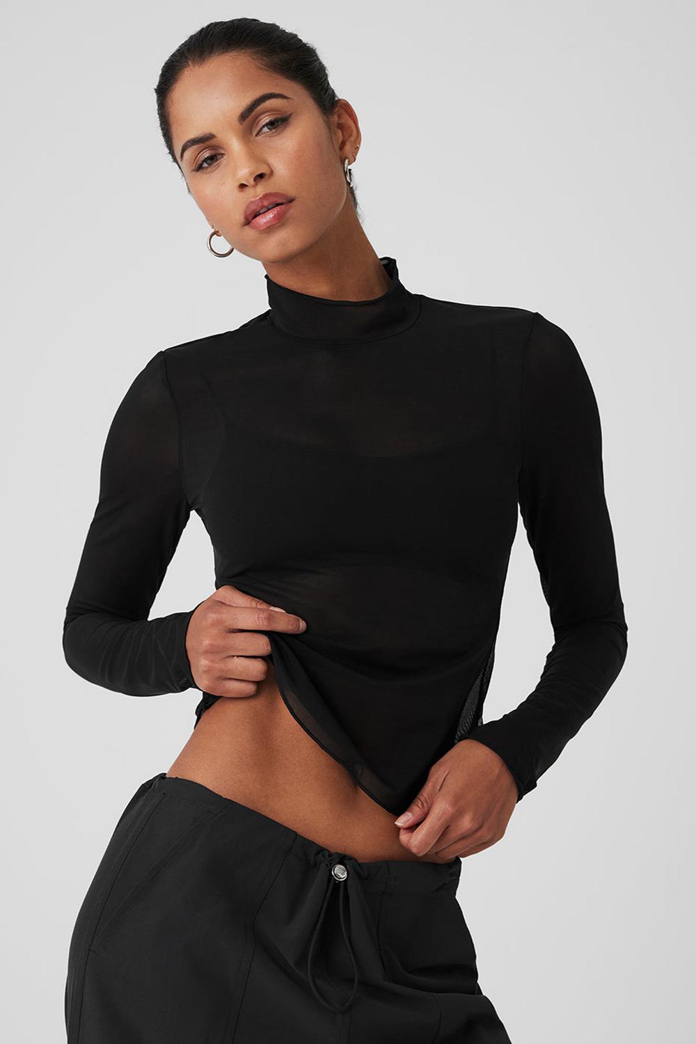 Manga Larga Alo Yoga Mesh Sheer Illusion Mock Neck Mujer Negros | Mexico  TAF-428593