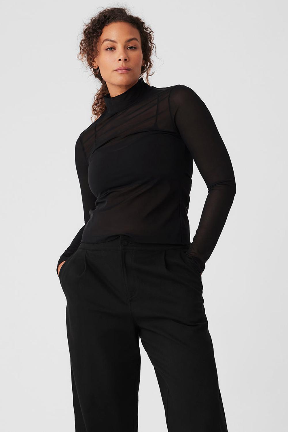 Manga Larga Alo Yoga Mesh Sheer Illusion Mock Neck Mujer Negros | Mexico  TAF-428593