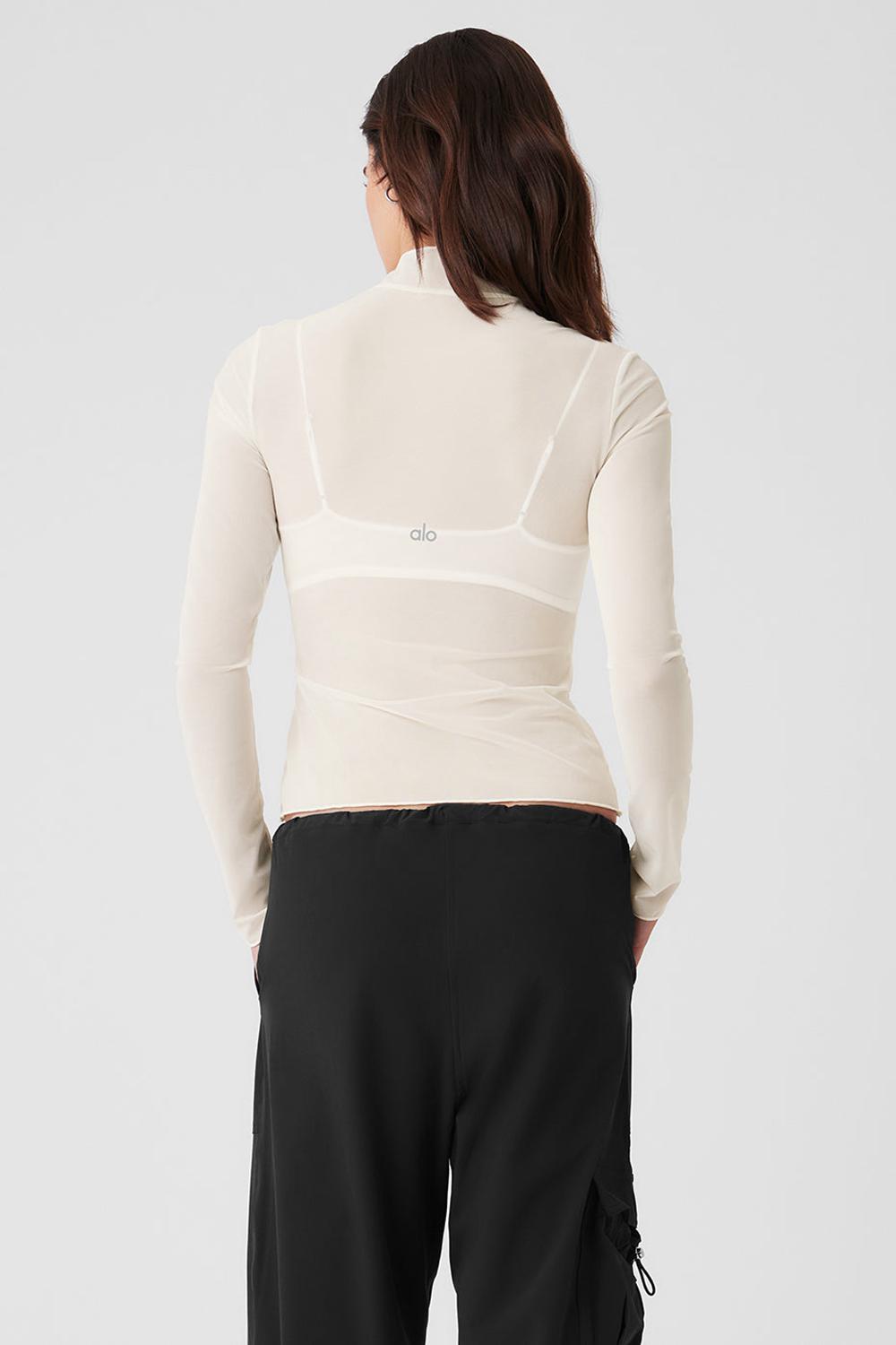 Manga Larga Alo Yoga Mesh Sheer Illusion Mock Neck Mujer Ivory | Mexico  KEJ-704283