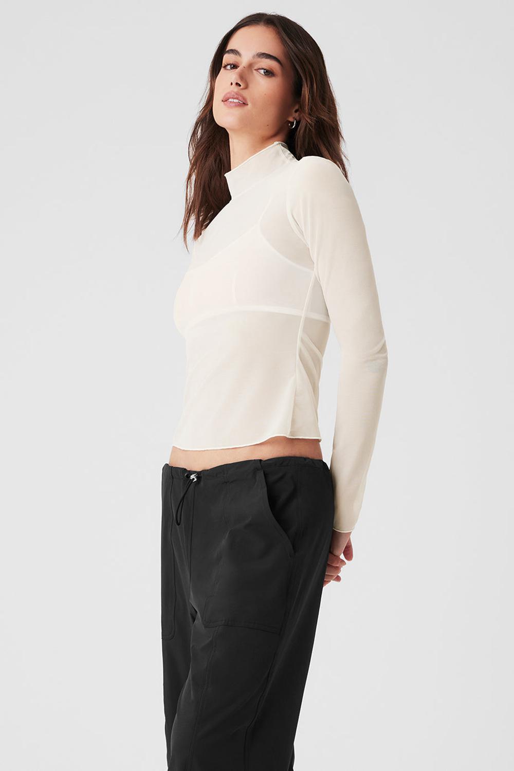 Manga Larga Alo Yoga Mesh Sheer Illusion Mock Neck Mujer Ivory | Mexico  KEJ-704283