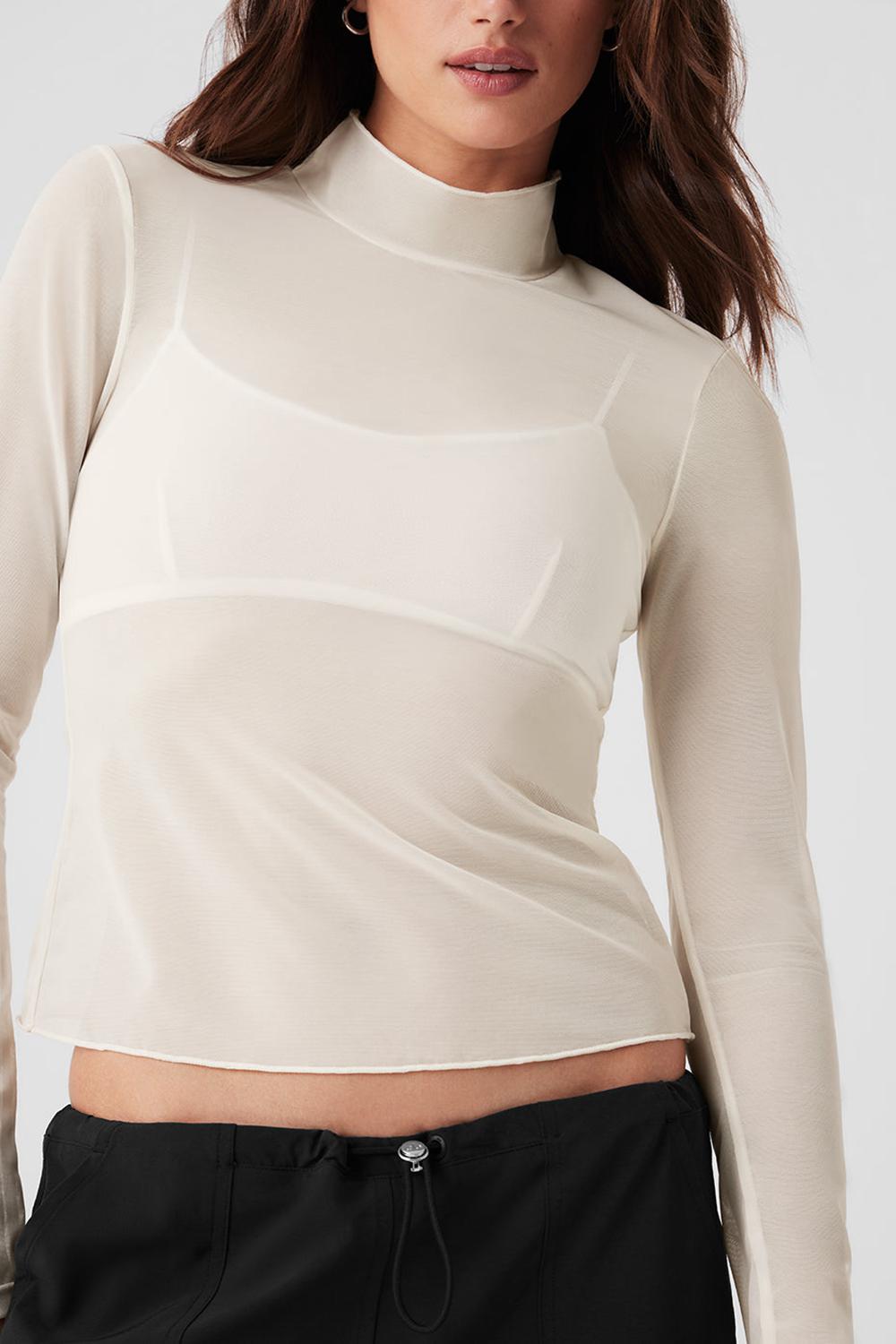 Manga Larga Alo Yoga Mesh Sheer Illusion Mock Neck Mujer Ivory | Mexico  KEJ-704283